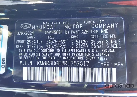 2024 Hyundai Palisade Xrt из США, поврежденный, VIN KM8R3DGE8RU757317